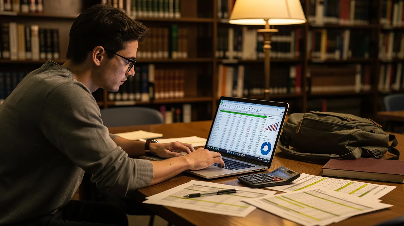 A student is seated at a table in a library, intently reviewing financial documents on their laptop, likely related to postgraduate funding options such as tuition fee loans and living cost loans. The environment is quiet and studious, with shelves of books in the background, providing a conducive atmosphere for academic work.