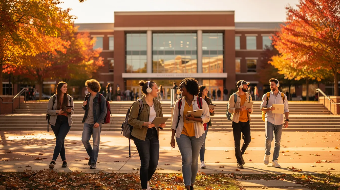 A group of students is walking outside a university building surrounded by colorful autumn leaves, showcasing the vibrant atmosphere of higher education in Scotland. The scene captures the essence of university life, as students navigate their academic journey amidst the changing seasons.