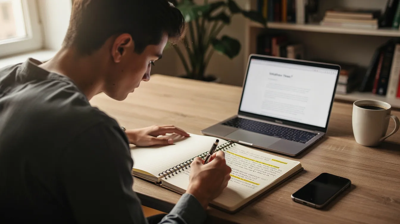 A focused student is seated at a desk, reviewing notes on a laptop and a notebook, surrounded by study materials. This scene captures the essence of higher education students preparing for their academic year, possibly considering student finance options such as tuition fees and student loans.
