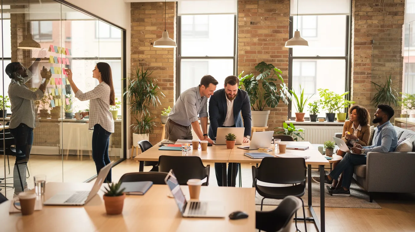 The image depicts a diverse group of people collaborating in a modern co-working space, surrounded by laptops and notebooks, showcasing an environment conducive to productivity and teamwork. This setting reflects the dynamic atmosphere often found in higher education contexts, where students and professionals alike engage in projects that may relate to funding options, such as those provided by the Student Awards Agency Scotland (SAAS) for tuition fees and living costs.