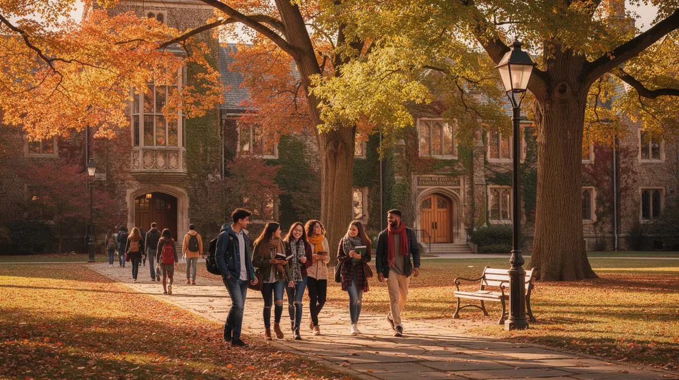 A group of students strolls across a historic university campus adorned with vibrant autumn foliage, embodying the spirit of learning and exploration in Scotland. The scene reflects a diverse range of academic pursuits, from undergraduate courses to postgraduate research degrees, as students engage in their educational journeys.