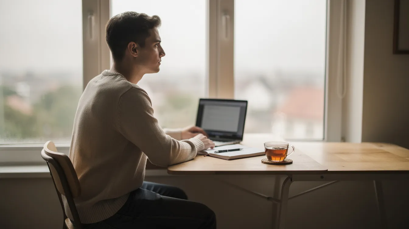A young adult sits at a desk immersed in thought, gazing out of a window while surrounded by a laptop, a notebook, and a cup of tea. This scene reflects a moment of contemplation about their career path and personal interests as they consider different career options and the possibility of pursuing their dream job.