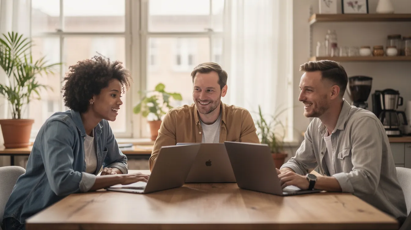 A small team is collaborating around laptops in a relaxed office environment, engaging in discussions about software development and quality assurance practices. They are likely reviewing test cases and exploring software testing methodologies to ensure the reliability of their software products.