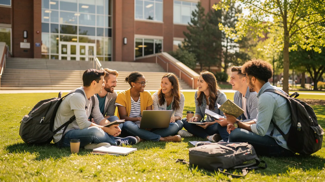 A diverse group of international students is sitting together on the grass outside a university building, engaged in conversation and enjoying the sunny day. They are likely discussing their experiences with university tuition fees and the potential for free tuition in Scotland, as they navigate their higher education journey.