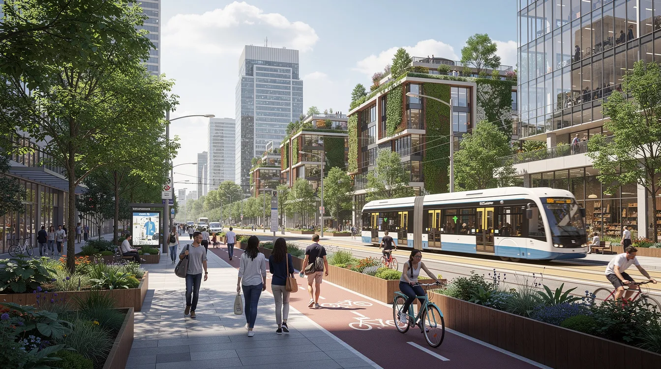 The image depicts a vibrant modern city where people are walking amidst lush greenery and utilizing public transport, showcasing a blend of urban life and environmental awareness. This scene reflects the importance of innovative organisations and social change, highlighting career opportunities for talented professionals in sectors focused on sustainability and community impact.