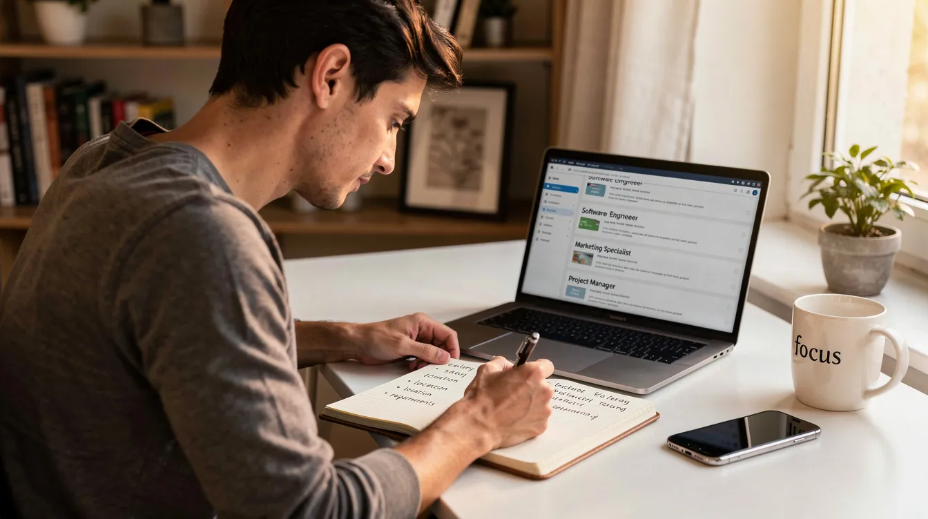 A person is sitting at a desk with a laptop open, comparing various job adverts and jotting down notes in a notebook. This scene captures the essence of a job search, highlighting the individual's effort to explore different career paths and find their dream job while balancing their personal life and interests.